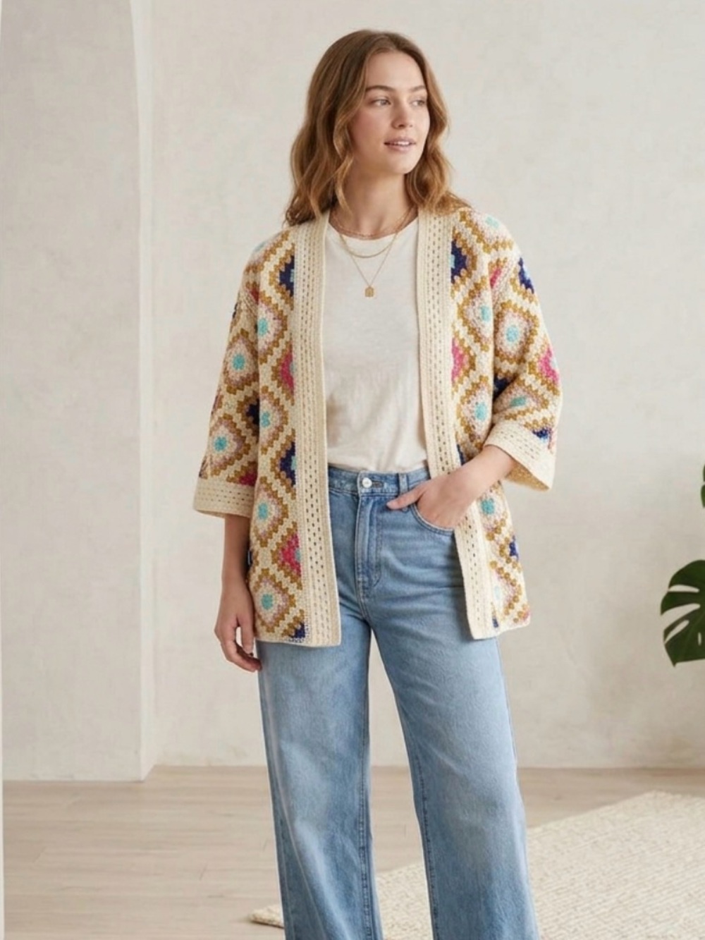 NIB AZ Crochet Knit Granny Square Cardigan Sweater Size Medium